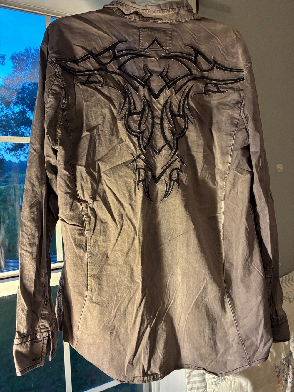 Buckle Men's Casual Button Down Shirt in Gray with Black Tribal Embroidery